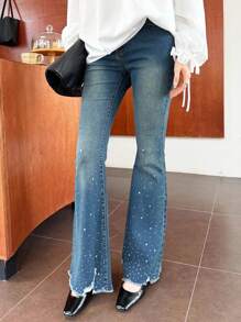 K-Vae 女士秋季复古水钻喇叭牛仔裤，秋季女装，外出服装，商务休闲女装，老钱，商务休闲女装，Y2k 牛仔裤 - 深色水洗藍 - 查看 3