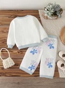 2pcs Baby Girls Knitted Sweater Cardigan And Pants Set,White Floral Cute Autumn Matching Family Outfit,Jacquard Long Sleeve Pullover Trousers,Warm - Multicolor - View 2