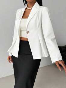 Modelyn Women's Solid Color 3D Floral Decor Long Sleeve Waist Fitted Elegant Blazer Fall Cloth For Women - White - View 8