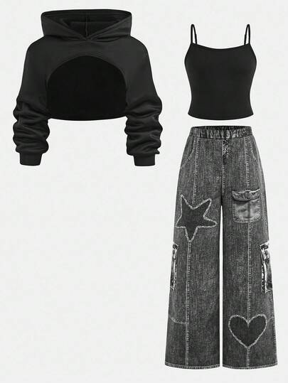 Tween Girls 3 PiecesOutfit: Cropped Hoodie, Printed Knit Wide-Leg Pants, And Camisole, Fashionable Street Style For Spring And Autumn