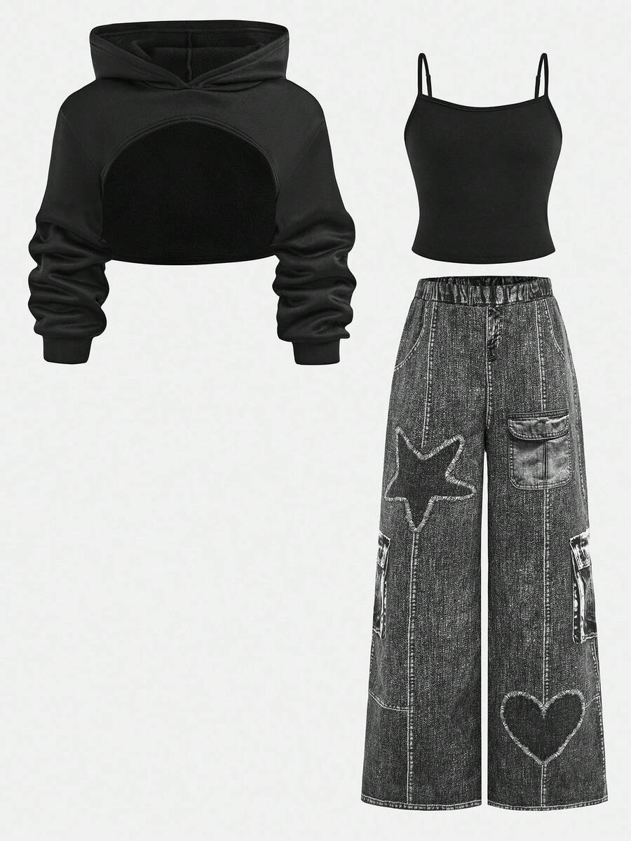 Conjunto de 3 piezas para niñas preadolescentes: Sudadera corta, pantalones anchos de punto estampados y camiseta, estilo callejero de moda para primavera y otoño - Multicolor - Ver 1