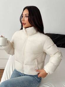 SHEIN PETITE 女士拉链夹棉大衣，日常穿着，秋冬季白色冬季大衣羽绒服女士冬季夹克外套女士羽绒服女士冬季羽绒服女士羽绒服 - 奶油色 - 查看 6