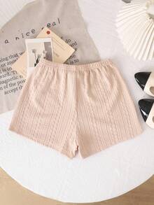 SHEIN LMoss Kids LMoss Tween Girl Tween Girl 都市优雅春夏针织纯色休闲直筒短裤 - 卡其色 - 查看 2