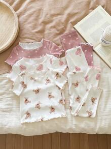 SHEIN LMoss Kids LMoss  6pcs Baby Girl Cute Cartoon Bear & Floral Print Ruffle Trim Round Neck Short Sleeve Top And Pants Casual Comfy Knit Pajama Set Graphic Teddy Bear Baby Clothes Baby Girl Pajama Set Heart Print Baby Pajamas Baby Girl Clothes Set Newborn Baby Girl Clothes - Multicolor - View 5