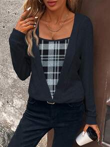 SHEIN LUNE Women's Plaid Patchwork Long Sleeve Casual Sweatshirt Fall Cloth For Women - Navy Blue - View 3