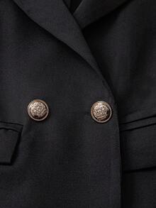 GlowEve 女士纯色翻领双排扣口袋休闲通勤优雅西装外套 - 黑色 - 查看 7