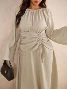 Elaquor Đầm thời trang nữ cỡ lớn màu trơn cổ tròn tay loe eo nhún bèo dây rút thiết kế thời trang - Màu be - Xem 7