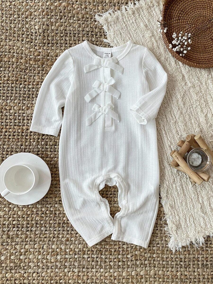SHEIN Baju Terusan Bayi Perempuan Lucu Warna Putih Bergaris dengan Hiasan Pita, Lengan Panjang, Musim Gugur/Musim Dingin - Putih - View 1