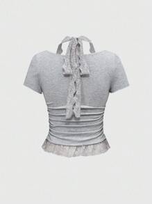 ROMWE Grunge Punk 朋克兄弟字母水钻蕾丝拼布圆领修身女式 T 恤 - 灰色 - 查看 2