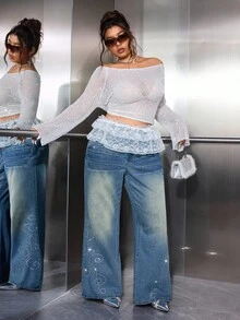 SHEIN Unity Plus Size Blue Mid-Waist Flared Rhinestone Embellished Loose Fit Jeans Party - Blue - View 7