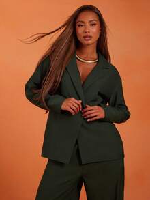 NYA SZN Monica Blazer Long Sleeve Plunge V Neck Button Up Oversized Baggy Everyday Casual Business Casual Businesswear Vacation Formal Wedding Guest Bridal PartyBirthday Office Siren Fall Winter Emerald Green Outfits For Women - Green - View 5