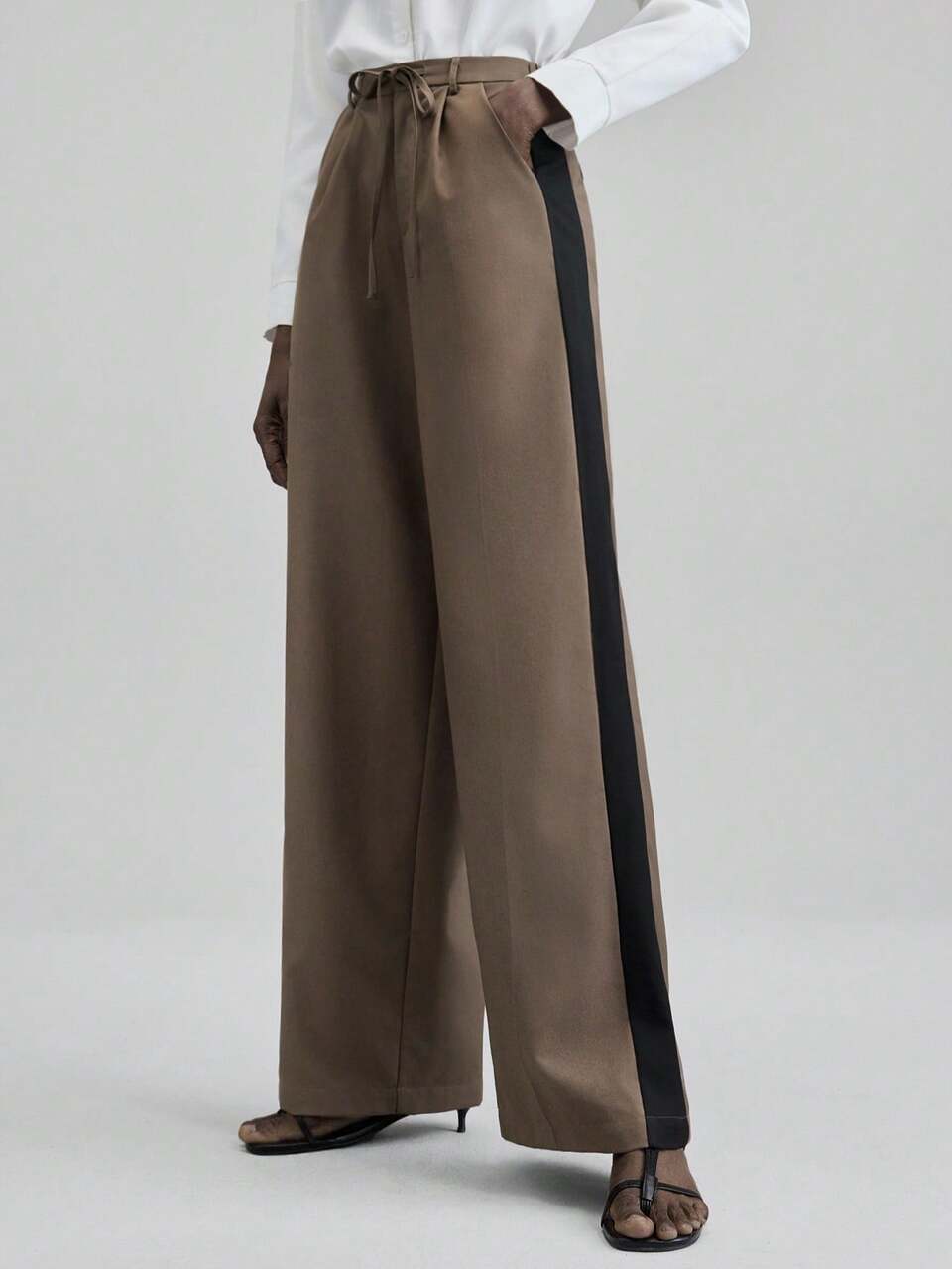 Women's Suit Pants Elegant Office Summer,Black And White Striped Color Block Design Earthy Gray Casual Trousers,Modern Urban Business Commute Pants