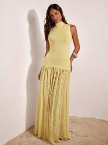 Opulessa Damen Maxikleid aus Strick mit Polka Dot Muster, Patchwork, Stehkragen und ärmellos