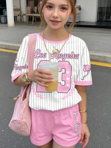 SHEIN Leap Crew 2 件套青少年女孩休闲闪光条纹蝴蝶结字母和篮球印花宽松圆领短袖 T 恤和休闲短裤，适合夏季，凉爽 - 彩色 - 查看 3