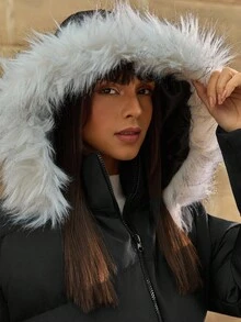 CLARA VERO Women's Solid Faux Fur Hooded Belted Elegant Midi Winter Coat - Black - View 7