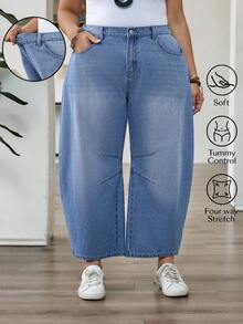 SHEIN CURVE+ جينز مقطع مقاس كبير ذو ساق متسعة - أزرق متوسط - مشاهدة 1