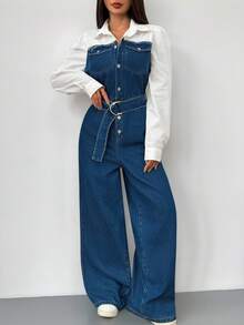 SHEIN 少女 Y2K 90 年代蓝色连体裤二合一拼色套装，配有腰带阔腿裤春夏连体裤，女孩秋季返校节牛仔两件套服装，商务休闲女士，秋冬连体裤，女孩教师服装 - 深色水洗藍 - 查看 6