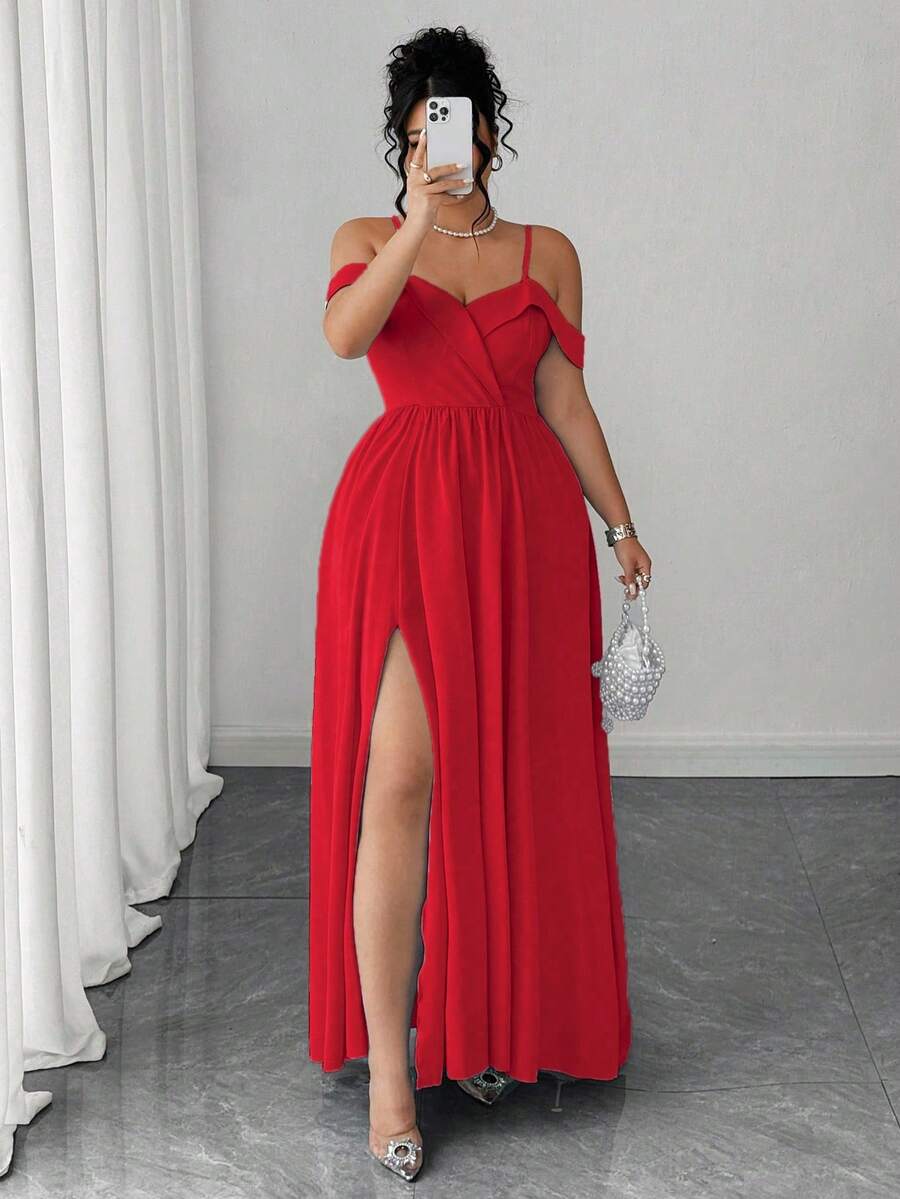 Elenzga Plus Size Women Spaghetti Strap Off Shoulder Long Slit Elegant Dress