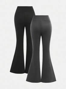 Girlism 2pcs Tween Girl Solid Color Asymmetric Waist Flare Pants Set, Back To School, Fall, Winter - Multicolor - View 2