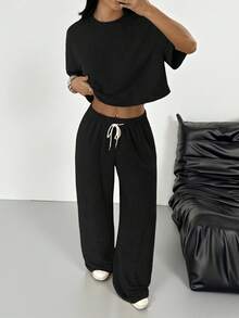 SHEIN EZwear 2件組女款休閒街頭風黑色針織T恤與抽繩長褲套裝，舒適舒適健身夏季機場居家休閒 - 黑色 - 查看 6