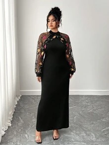 SHEIN Elenzya Elegant Fashion Party Stand Collar Mesh Patchwork Long Sleeve Fitted Waist Plus Size Women Dress Fall Cloth For Women - Black - View 3