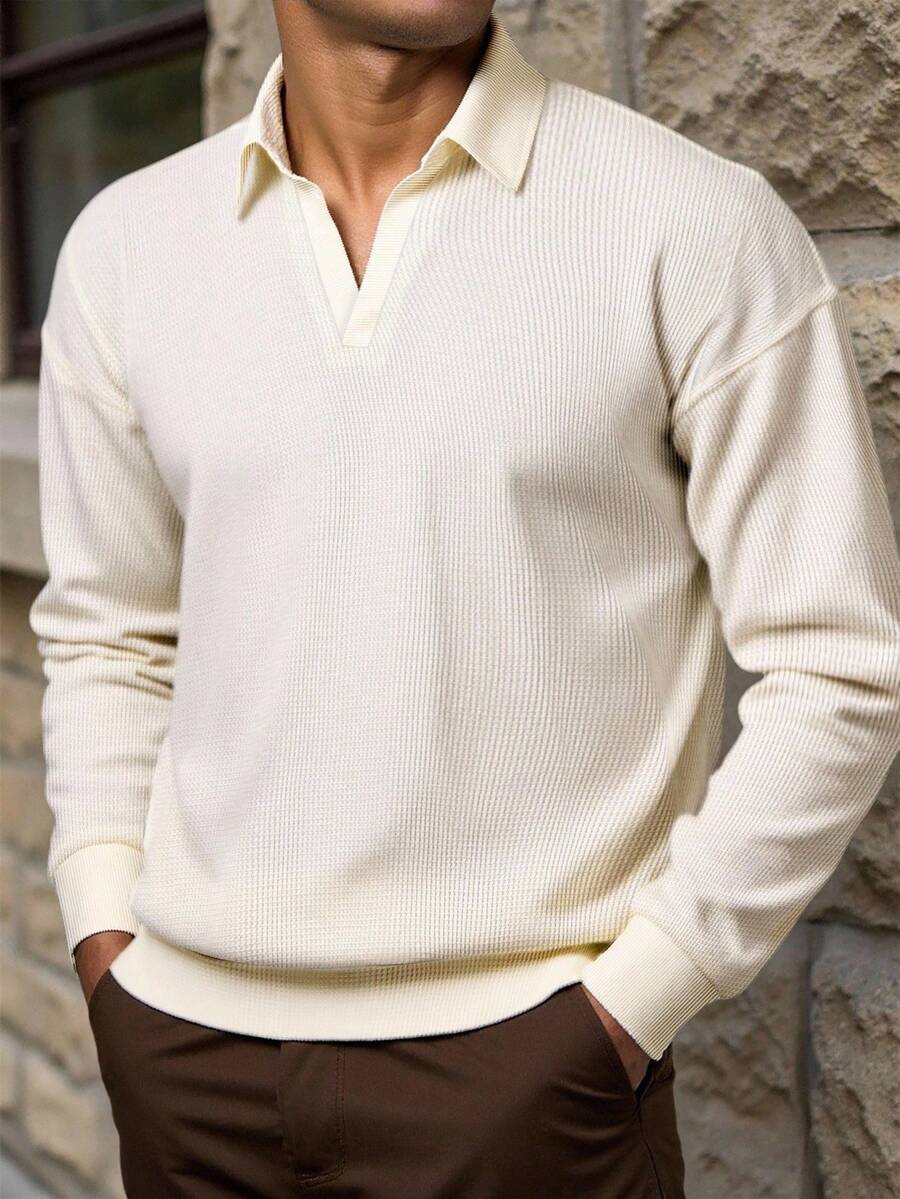 Manfinity Dauomo Men's Casual Solid Color Drop Shoulder Long Sleeve T-Shirt, Autumn, For Fall - Apricot - View 1