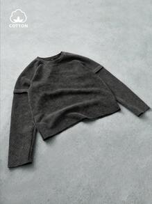 PAVTROS Manfinity Streetrush 男士街头风流行INS同款水洗复古条纹纹理面料休闲日常T恤，男友/老公礼物，周年纪念礼物，时尚T恤，秋季长袖上衣 - 黑色 - 查看 5