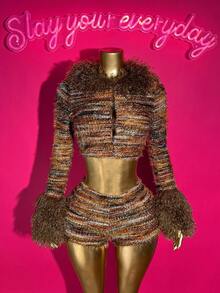 Slaydiva Women's Autumn Y2K Brown Striped Furry Texture Leopard Splicing Long Sleeve Cropped Top & Mini Shorts 2 Pieces Set, Nightclub Concert Party Outfit - Multicolor - View 5