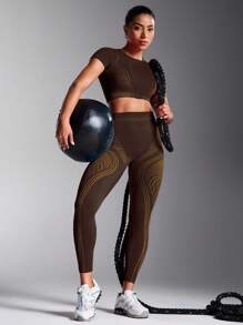 Powerista Women's Summer&Spring Gym&Fitness Sportswear Brown And Yellow Contrast Color High Waist Casual Fitness Leggings With Breathable Fabric - Brown - View 4