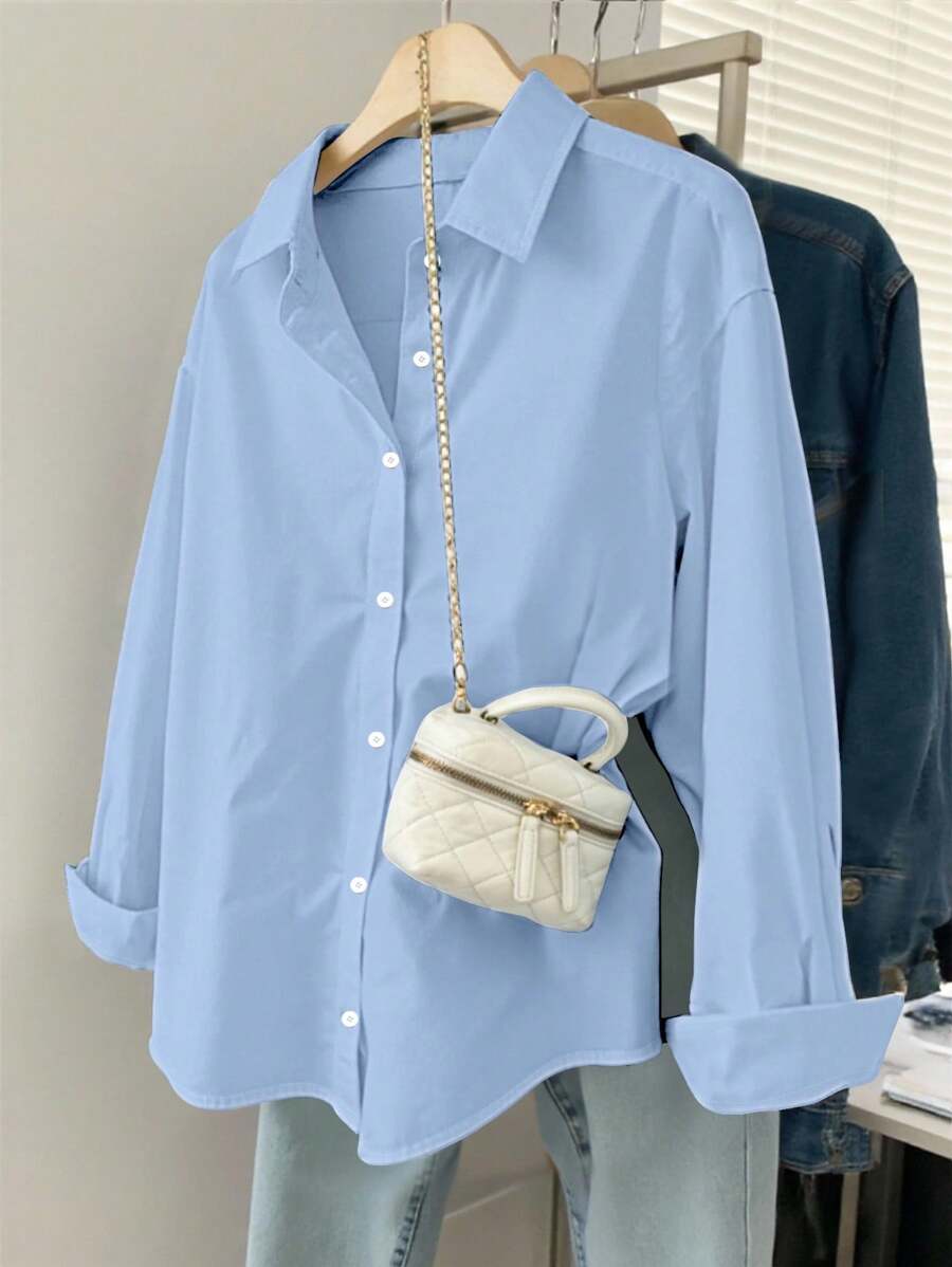 INAWLY Plus Size Women's Casual Everyday Commute Simple Solid Color Drop Shoulder Loose Button-Up Shirt, Spring/Autumn Fall Cloth For Women