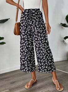 SHEIN LUNE Quần lửng họa tiết hoa giản dị mùa thu, quần công sở nữ - Nhiều màu - Xem 5