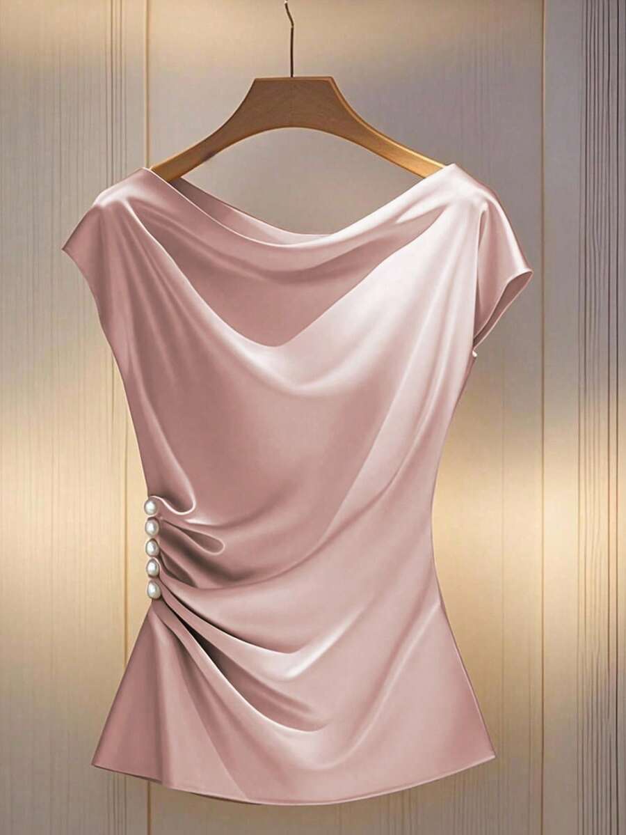 Franclia Women's Elegant Pleated Pearl Button Short Sleeve Ruffle Collar Fitted Blouse - Pink - View 1