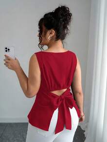 Elenzga 大码女式纯色露背系腰无袖衬衫 - 酒紅色 - 查看 7