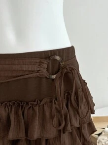 Elamini Váy ngắn họa tiết vòng gỗ đan vá dệt kim kiểu Boho cho nữ - màu nâu - Xem 5