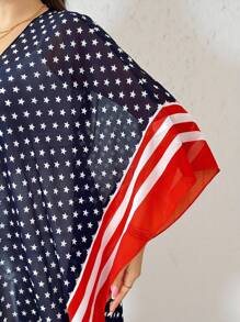 SHEIN LUNE Plus Size Women National Flag Lightweight 4th Of July Cover Up Kimono - Navy Blue - View 3