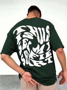 SHEIN Camiseta de manga corta con gráfico de texto para adolescentes y jóvenes, cómoda camiseta de cuello redondo de color liso para ir y venir, escuela, diario, vacaciones, deportes, fiesta, primavera/verano - Verde militar - Ver 1