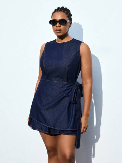 Maija Plus Size Dark Blue Denim Dress Sleeveless Waist Bow Short Dress Korean Style Sweet Dress Going Out Tops Women Wrap Dress