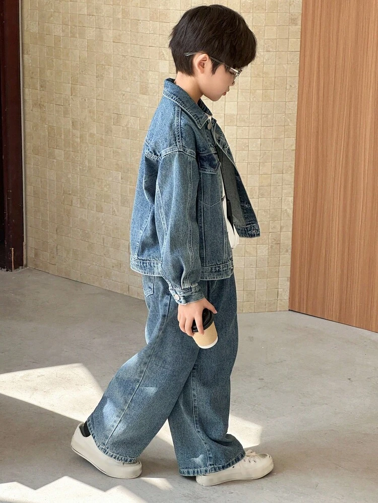 2pcs/Set Tween Boy Oversized Casual Denim Jacket And Jeans Outfit, School Look For Autumn