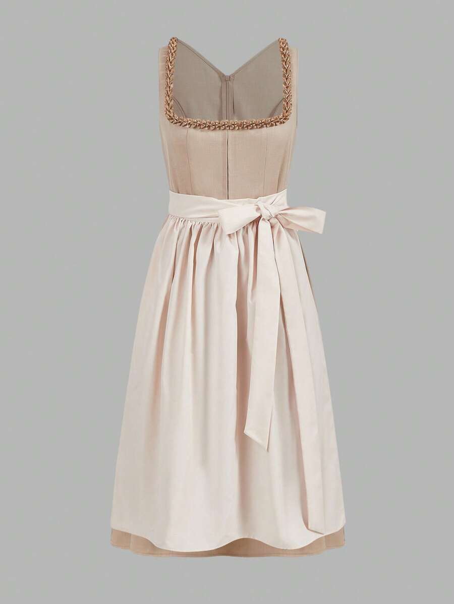 Fairmaia 女式拼布腰部收紧短裙套装德国传统女式方领无袖连衣裙，适合十月连衣裙、万圣节 - 卡其色 - 查看 1