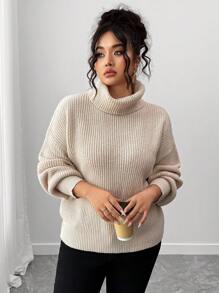 Elenzga Plus Size Women's Solid Color High Neck Dropped Shoulder Long Sleeve Casual Loose Sweater Fall Winter Cloth For Women Autumn - Apricot - View 6