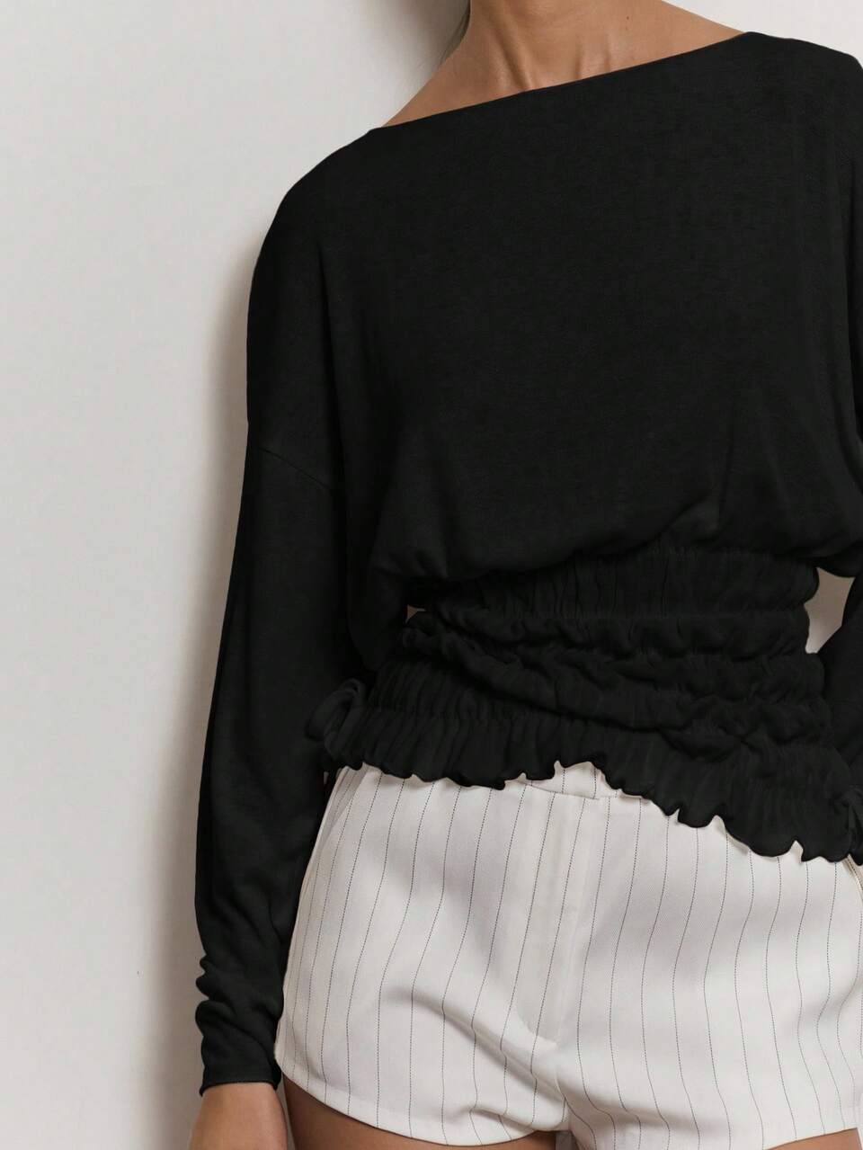 Black Boat Neck Shirred Bodice Long Sleeve Top