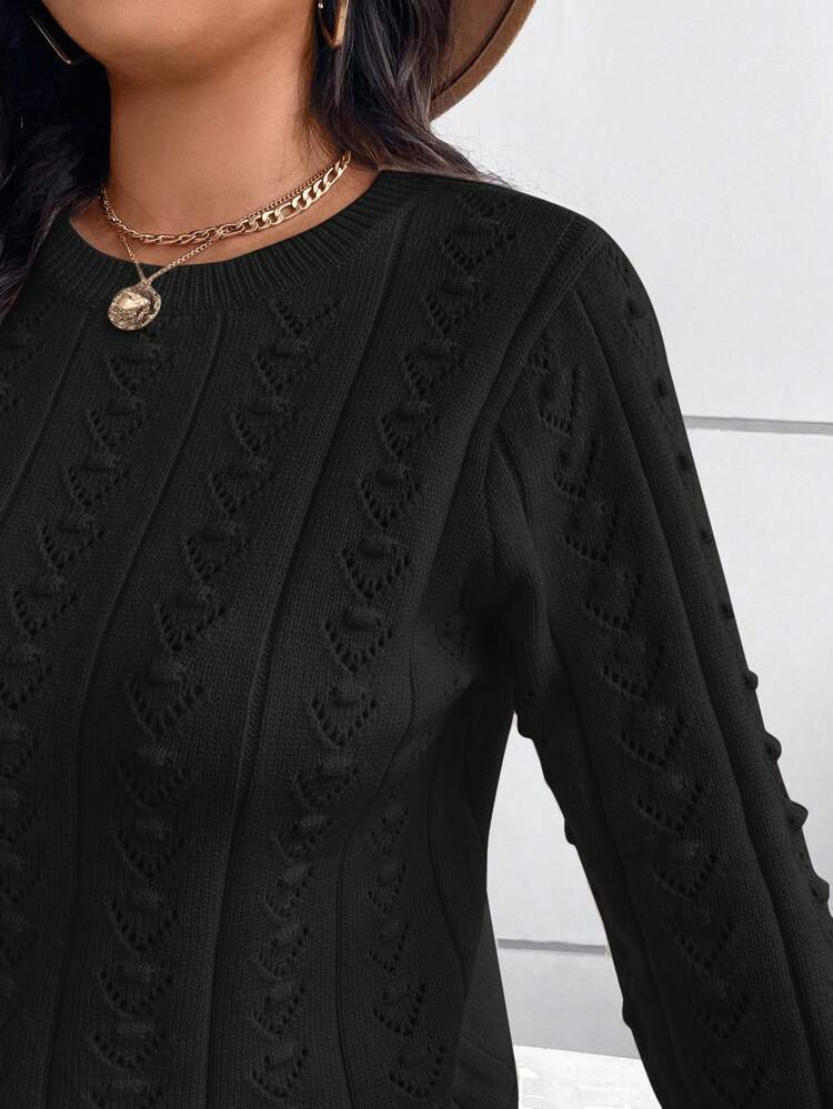 Plus Size Winter Casual Elegant Knitted Floral Pattern Fitted Round-Neck Sweater Pullover, Suitable As A Base Layer Or Outerwear For Work, Shopping, Vacation, Parties, Music Festivals, Home Wear, Back-To-School Events, And As A Gift. Fall