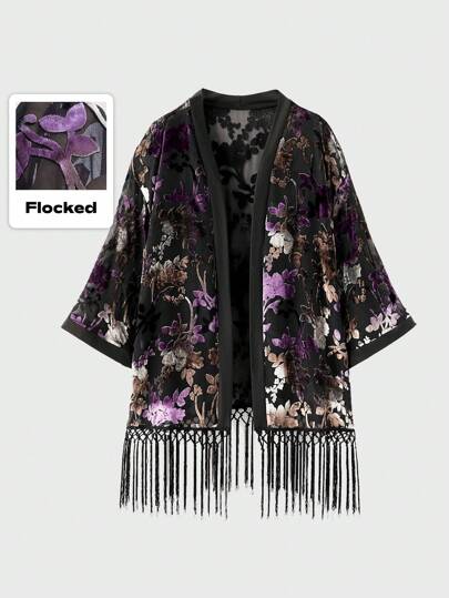 Goth Plus Size Women Gradient Floral Glitter Velvet Texture Asymmetrical Tassel Hem Blouse, Suitable For Multiple Occasions, Party