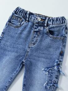 SHEIN Quần jean xanh nhạt rách cho bé gái, thêu hình ngôi sao, cạp chun, ống loe ôm sát - Rửa tối - Xem 6