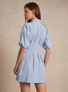 WESTFADE Striped Collared Button Front Short Puff Sleeve Pleated Fit & Flare Mini Shirt Dress Back To School Cute Fall Clothes Summer Country Concert - Blue - View 2