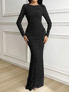 Veilorie Women's Solid Color Round Neck Pleated Fitted Long Sleeve Dress Long Black Elegant Dress - Black - View 1