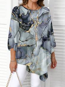 EMERY ROSE Camisa de manga larga con cuello redondo de talla grande con patrón de textura de mármol de tinta, informal, para primavera/otoño - Multicolor - Ver 3