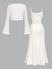 SHEIN MOD Conjunto de 2 piezas para mujer talla grande con vestido de tirantes finos y chaqueta - Albaricoque - Ver 2