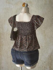 SHEIN ICON 加大码褶饰前片荷叶边短袖娃娃装上衣，适合夏季和度假 - 彩色 - 查看 8