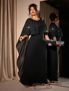 Cravure Abito elegante da donna con collo rotondo, in tessuto in maglia tinta unita nera con inserti in chiffon metallizzato lucido, taglio aderente, adatto per feste, autunno/inverno, taglie comode - nero - Visualizzare 3